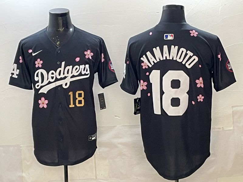 Men 2025 Los Angeles Dodgers #18 Yamamoto Black Sakura Edition Nike MLB Jersey 011